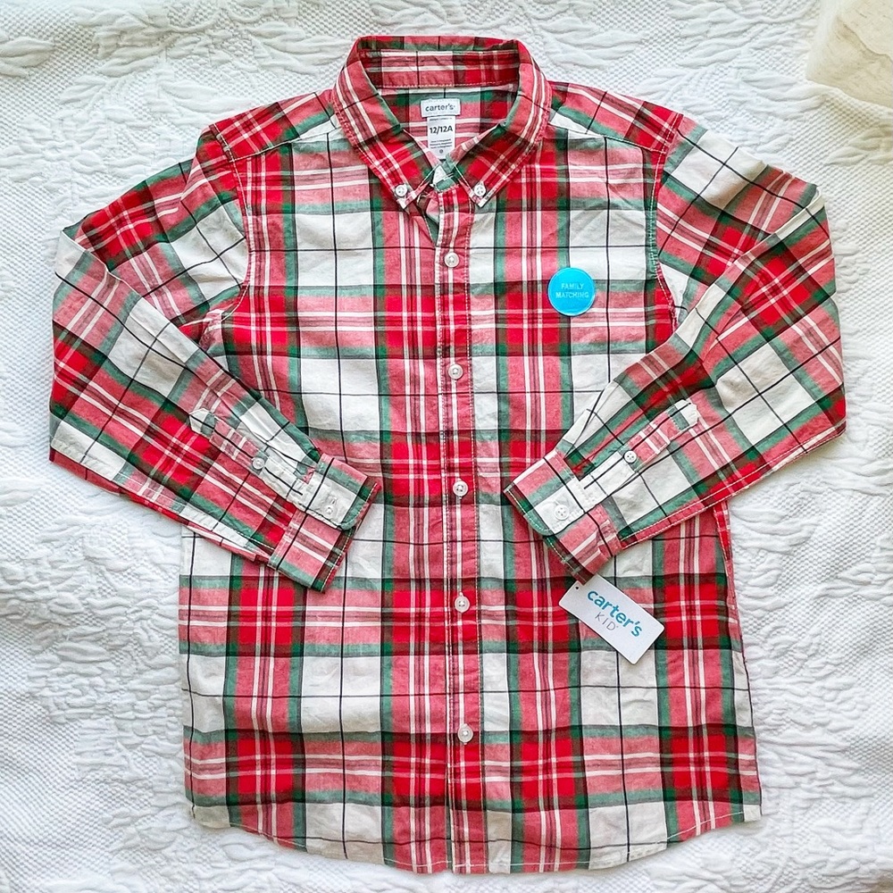 CARTER’S Family Matching Boy’s Plaid Button Down Long Sleeve Shirt Size 12 NWT